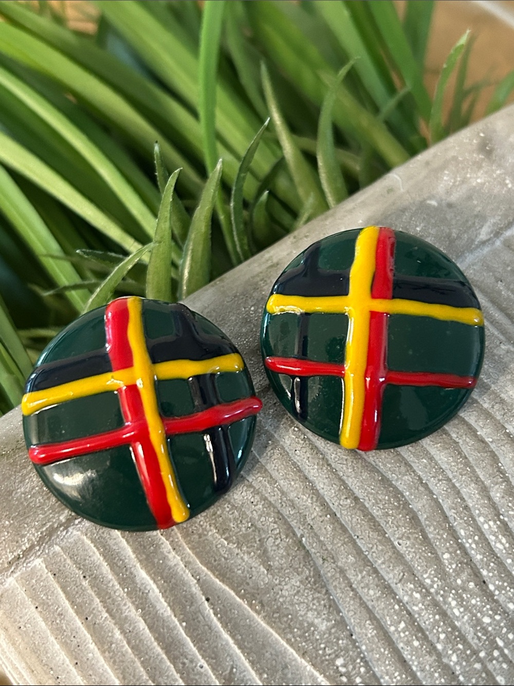 Vintage Round Green Enamel post-back Earrings with Red & Yellow crosshatches - Picture 2 of 5